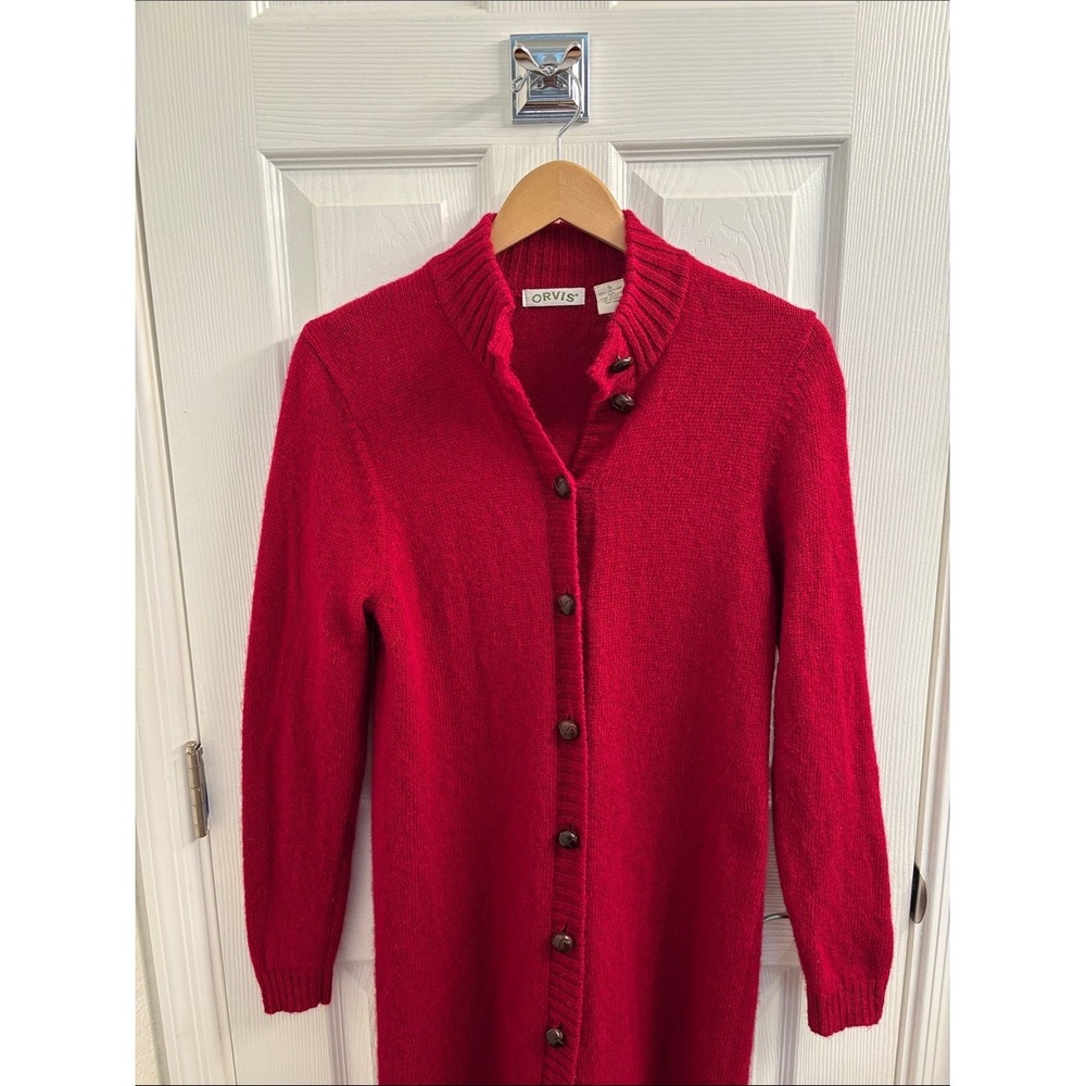 ORVIS Women's Red Button-Front Long Wool Cardigan w/ Fab Buttons Size S